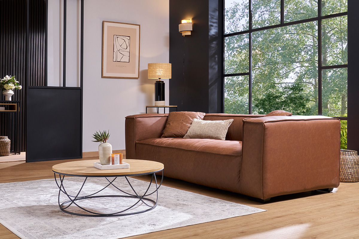 canapé vintage 3 places cuir marron et bois noir cobain canapé vintage 3 places cuir marron et bois noir cobain