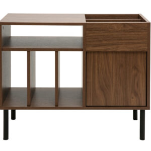 buffet de rangement vinyles en bois foncé finiton noyer et métal noir l90 cm kane