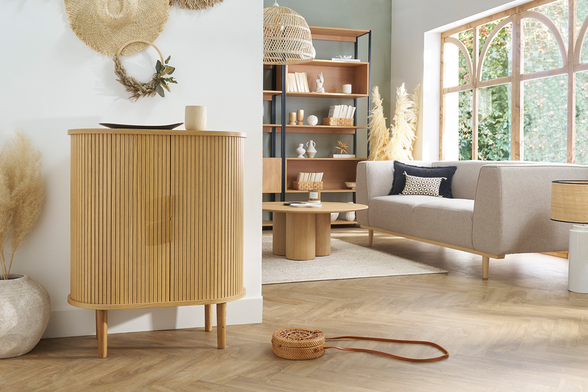 buffet haut vintage avec portes coulissantes bois clair chêne l70 cm epic